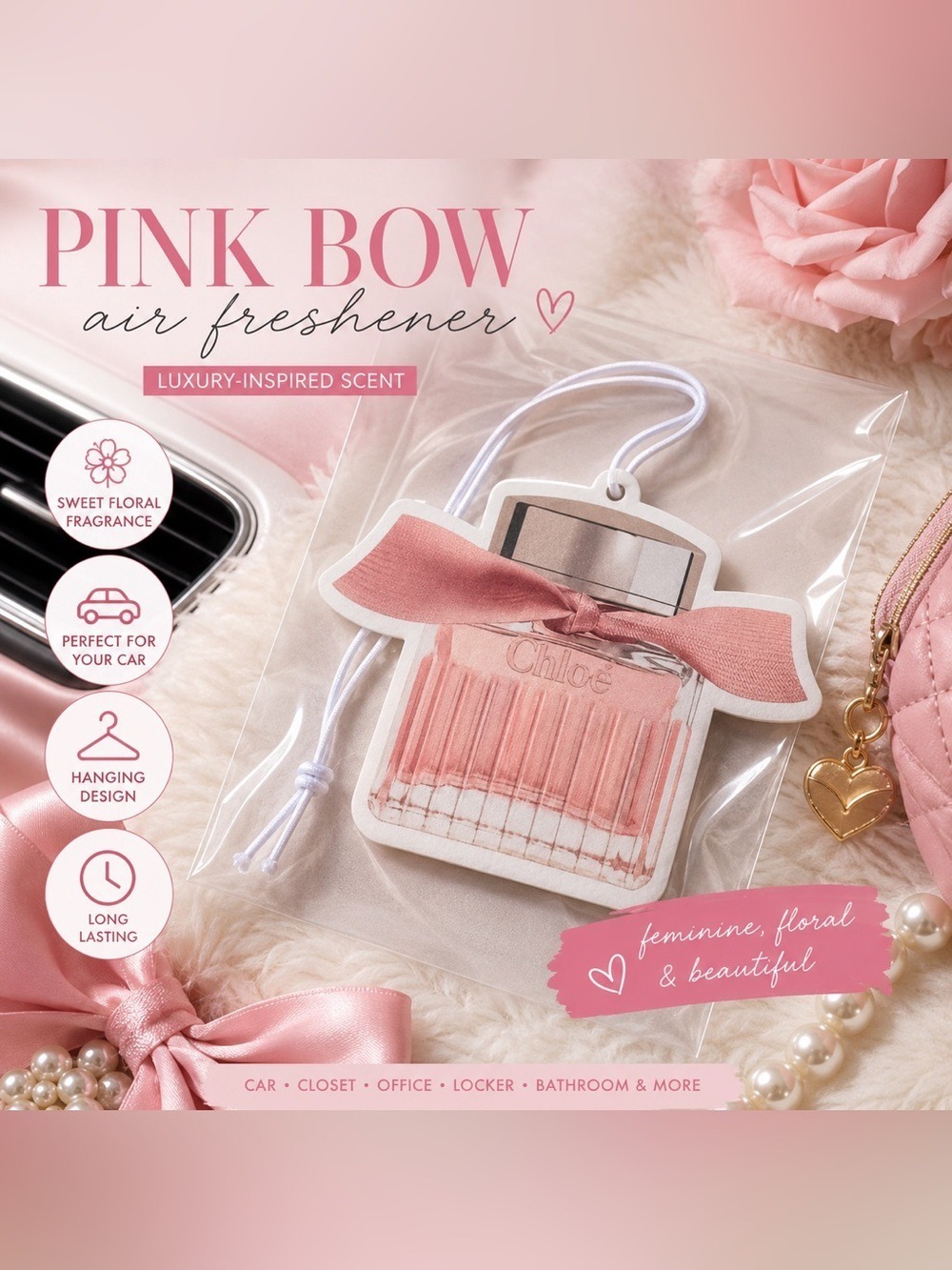 Pink Bow Scented Car Air Freshener - Pink